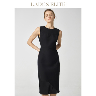 ladyselite黑色西装连衣裙，女2023春夏优雅圆领，无袖职业工作裙