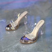 欧美风防水台透明水钻，女拖鞋2024夏季露趾水晶，粗跟凉鞋高跟鞋