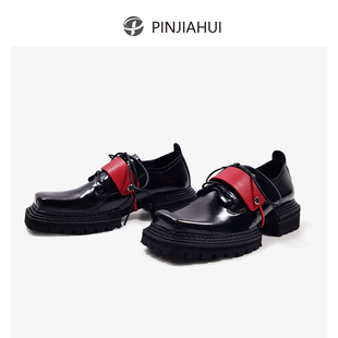 pinjiahui独特设计复古女鞋暗黑朋克风英伦风鞋真皮加绒小皮鞋女