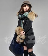 冬季中长款超大貉子毛领，韩版加厚修身羽绒服连帽外套中长款