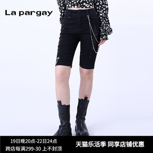La pargay纳帕佳2024年小众中腰紧身牛仔五分裤黑色弹力显瘦女裤