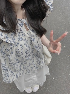 wasei水冰冰2023新碎花(新碎花，)飞飞袖上衣夏天女(夏天女)款减龄好看的雪纺衫