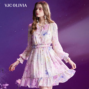 vjcolivia2024春夏粉色碎花荷叶，边高腰减龄气质连衣裙女装