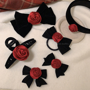 红色玫瑰花~新年氛围！高品质复古法式蝴蝶结发夹抓夹发箍发饰女