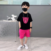 童装男童套装夏装2023儿童夏季韩版粉色豹子图案酷帅气时髦潮