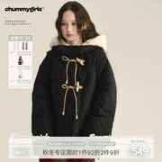 chummy原创设计法式牛角扣甜美绒感蝴蝶结，保暖连帽毛领羽绒服外套