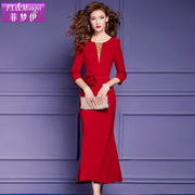 菲梦伊红色连衣裙2024春装，七分袖圆领，本命年气质显瘦亮片钉珠长裙
