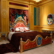 欧式别墅实木雕刻彩绘床奢华卧室，真皮公主床法式红色金箔婚床家具