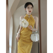 晨袍女新中式旗袍新娘敬酒服结婚订婚礼服，黄色年轻款改良版连衣裙