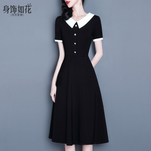黑白撞色连衣裙2024夏娃娃(夏娃娃，)领气质修身a字裙中长款短袖小黑裙