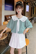 120-170女童条纹娃娃领短袖T恤上衣短裤两件套装夏季韩版洋气