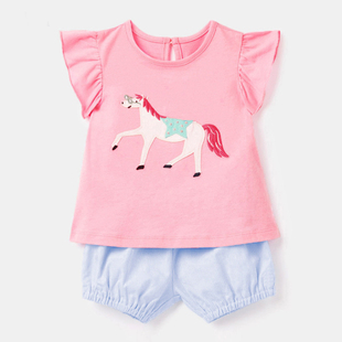 女童夏天粉色短袖T恤小马上衣条纹短裤子套装宝宝夏季两件套婴儿2
