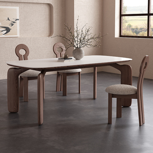 中古风岩板餐桌椅组合胡桃木色，简约现代实木，家用长方形饭桌小户型