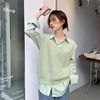 绿色v领毛衣马甲女学院风，针织背心同色系衬衫两件套韩版宽松上衣