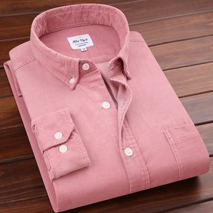 莎芭绮秋男士纯棉灯芯绒长袖衬衫，纯色休闲衬衣粉红色男装条绒上衣