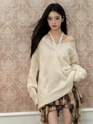 白鹿同款设计师品牌viapitti设计感v领马海毛针织衫，毛衣女(毛衣女)麻花纹