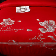 刺绣婚庆长绒棉大红床上用品4件床单被罩全棉纯棉100支纯色四件套