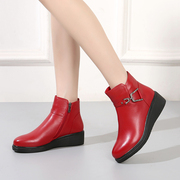 红色短靴女真皮2023秋冬季坡跟，厚底单靴子(单靴子，)圆头百搭时尚马丁靴