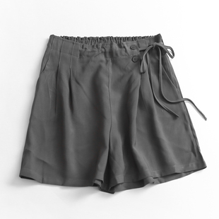 p257纯色半松紧腰系带，褶皱高腰显高阔腿裤夏季休闲裤女式短裤