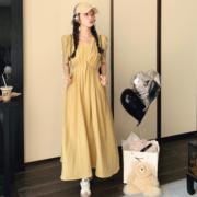 Lecea Alice姜黄色连衣裙2023夏季温柔风泡泡袖收腰气质长裙