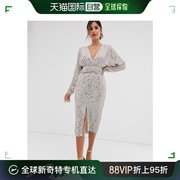 香港直邮潮奢asos女士，设计蝙蝠袖裹式束腰珠片散布中长连衣裙