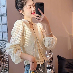 新中式白色衬衫女韩版时尚蕾丝绣花上衣，韩版减龄气质休闲上衣外套