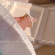 交叉锆石珍珠戒指女2023年潮小众设计感高级轻奢开口食指环