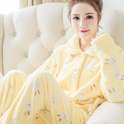 睡衣女秋冬法兰绒套装可爱韩版两件套薄款珊瑚绒有口袋宽松家居服