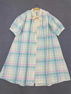 蕾丝系带领格子短袖连衣裙女2024夏季纯棉，宽松中长款衬衫裙