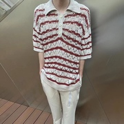 ASCA 红白条纹纽扣短袖针织 v领短款薄镂空潮夏季polo针织衫
