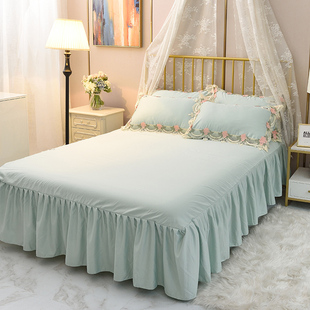 床裙床罩单件床套防滑固定纯色蕾丝真丝保护套床单带花边纯色遮丑