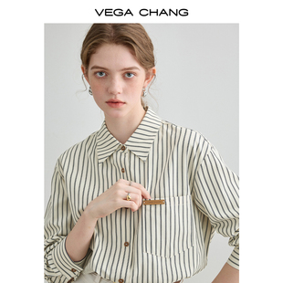 vegachang条纹衬衫女2024年春秋复古时尚，长袖正肩上衣ins潮