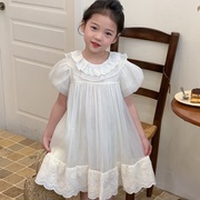 女童白色连衣裙夏季2024韩版甜美圆领翻领蕾丝刺绣花边公主裙