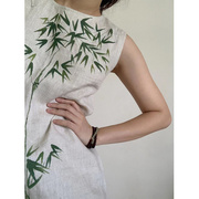 新中式女装白色棉麻竹子印花盘扣改良旗袍复古无袖开叉背心连衣裙
