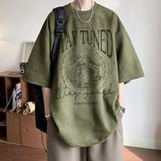 军绿色麂皮绒烧花短袖t恤男夏季美式复古潮牌痞帅重磅半截袖衣服