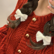 红色+白色蝴蝶结发夹~超适合新年!秋冬毛绒绒(毛，绒绒)可爱侧边夹发饰头饰