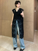 韩系穿搭镂空蕾丝连衣裙，女2024春夏季外搭中长款黑色罩衫上衣