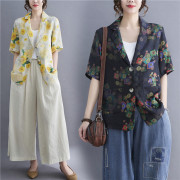 文艺复古亚麻印花西装小外套女2023夏季薄款宽松短袖开衫西服上衣