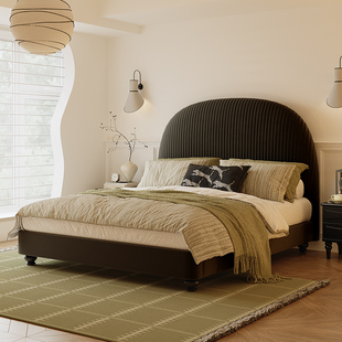 法式美式复古实木中古风，黑色绒布1.5米主卧双人床1.8米大床布艺床