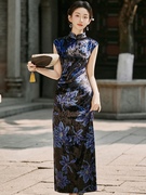 蓝色印花弹力薄丝绒褶皱无袖，高领改良旗袍新中式，国风老上海舞蹈服