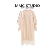 MMC 气质款甜美风粉色网纱灯笼袖针织两件套女秋冬圆领内搭毛衣裙