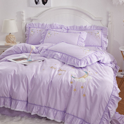紫色四件套全棉纯棉刺绣小清新公主风床单被单少女心花边荷叶边
