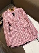 韩版女童粉色千鸟格夹棉，呢子大衣修身时尚，毛呢加厚外套中大童外套
