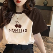 拼接棕色纯棉短袖t恤女2024年夏季上衣，韩版宽松小众设计感潮