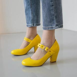 鞋女亮皮粉色米色蓝色黄色红色女鞋粗跟高跟单鞋大码鞋小码鞋 MSZ