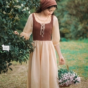 欧洲中世纪法式复古田园风，宫廷系带抽绳假两件连衣裙，女夏森系长裙