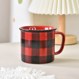 美式复古红黑格子杯家用英伦风马克杯牛奶杯咖啡杯极简出口陶瓷杯