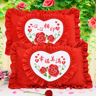 十字绣抱枕单人枕头套，一对套件韩版结婚情侣刺绣枕套简单绣