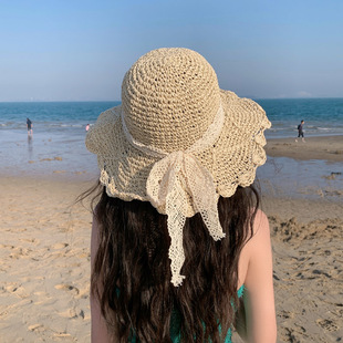 草帽赫本风蕾丝编织法式草编帽，子女夏出游(夏出游)防晒遮阳沙滩海边太阳帽