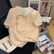 钉珠娃娃领短袖衬衫女夏季2023新中式复古国风泡泡袖盘扣上衣